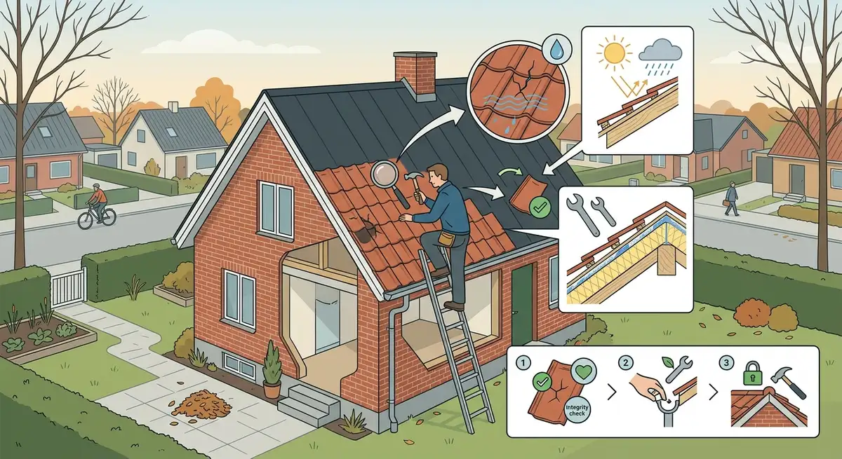 En professionel håndværker i gang med et eftersyn af tag på et klassisk skandinavisk hus i naturligt lys